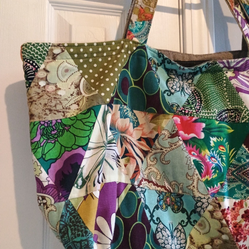 Boho Butterfly Patchwork Tote Bag XL 24x14 Zip Top Multicolor Plum Teal‎ hobo - Picture 11 of 14